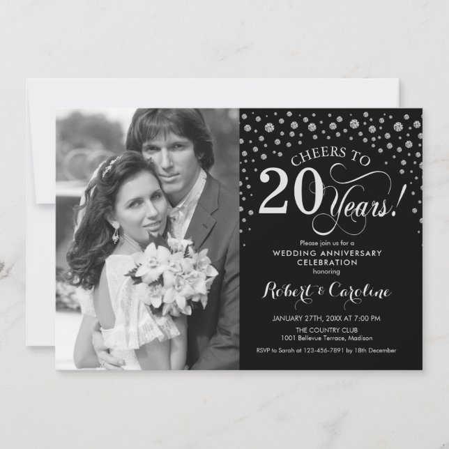 Photo 20th Wedding Anniversary - Silver Black Invitation (Front)