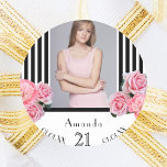 Photo 21st birthday black white stripes florals classic round sticker<br><div class="desc">Elegant,  glamourous and feminine for a 21st birthday party. Classic and chic slim black and white vertical stripes.  Decorated with pink flowers,  peonies and roses. Templates for a name,  age 21,  date of birth and the date of the anniversary. Template for your own vertical sized photo.  Girly and elegant!</div>