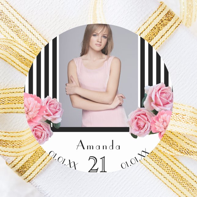Photo 21st birthday black white stripes florals classic round sticker (Creator Uploaded)