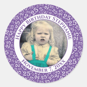 Photo 25th Random Number Pattern Purple/White Classic Round Sticker