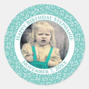 Photo 25th Random Number Pattern Teal/White Classic Round Sticker