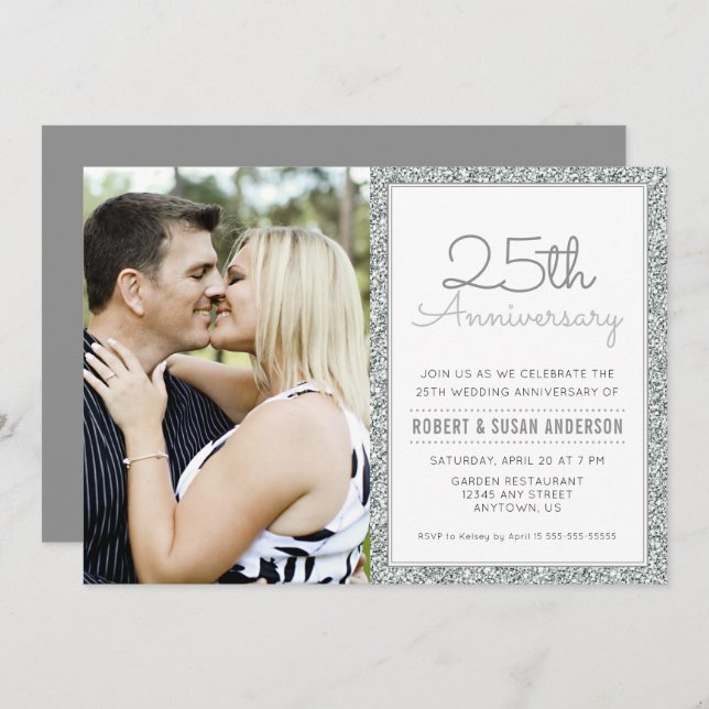 Photo 25th Wedding Anniversary Faux Silver Glitter Invitation (Front/Back)