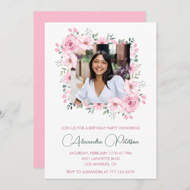 Photo 28th birthday invitations Pink Floral  (Front/Back)