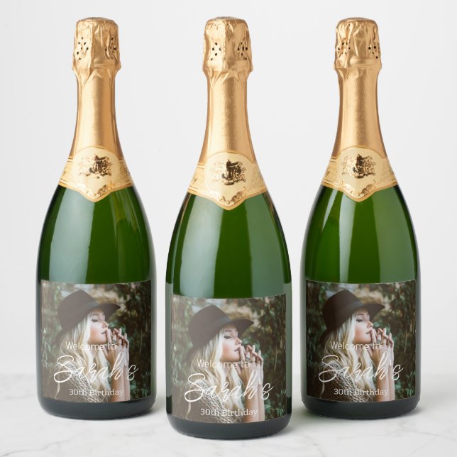 Photo 30th Birthday Party Script Personalised  Sparkling Wine Label (Bottles)