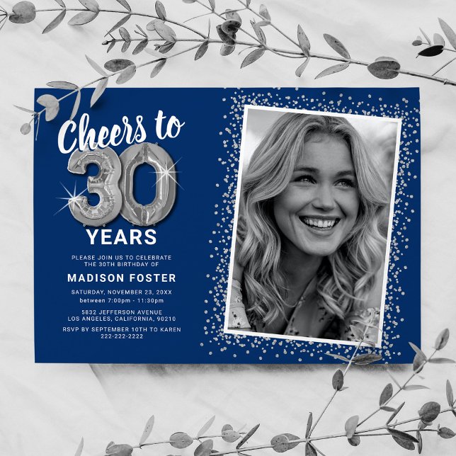 Photo 30th Birthday Silver Balloons Invitation (Creator Uploaded)