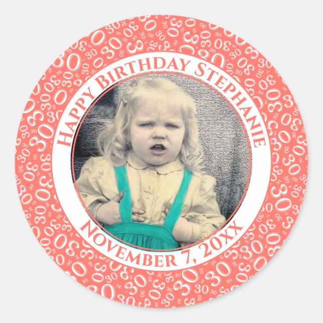 Photo 30th Random Number Pattern Coral/White Classic Round Sticker (Front)