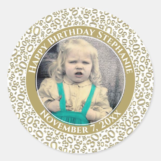 Photo 30th Random Number Pattern Gold/White Classic Round Sticker (Front)