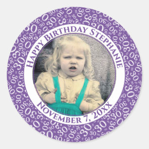 Photo 30th Random Number Pattern Purple/White Classic Round Sticker