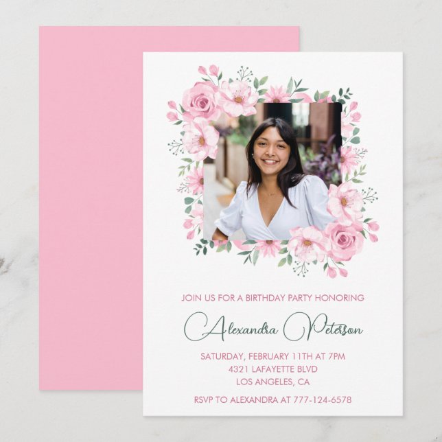 Photo 31st birthday invitations Pink Floral  (Front/Back)