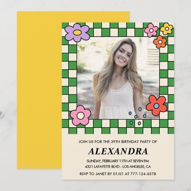 Photo 39th birthday invitation Retro Groovy Floral (Front/Back)
