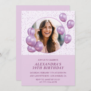 Photo 39th birthday invitations Balloons  Purple