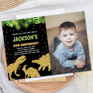 Photo 3 Dino Black Glitter Dinosaur Birthday Invitation