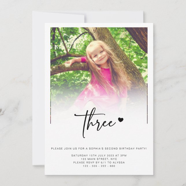 Photo 3rd Birthday Three Heart Cute Lovely  Invitation (Front)