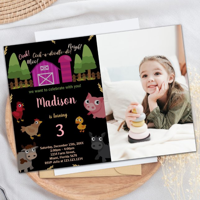Photo 3rd Black Red Farm Animals Birthday Invitation (Photo 3rd Black Red Farm Animals Birthday Invitation)