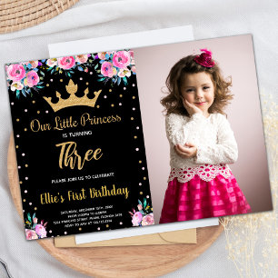 Photo 3rd Floral Crown Glitter Princess Birthday Invitation