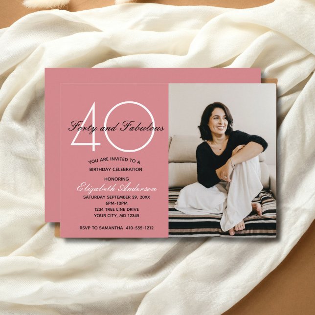 Photo 40 and Fabulous Pink Birthday  Invitation (Photo Pink 40th birthday invitation for her. Printed or Digital Download)