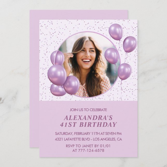 Photo 41st birthday invitations Balloons  Purple (Front/Back)