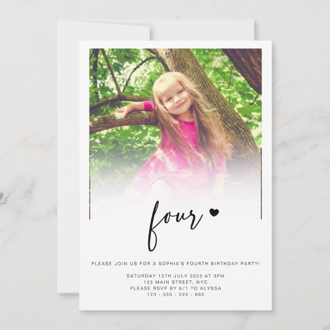 Photo 4th Birthday Four Heart Cute Lovely  Invitation (Front)