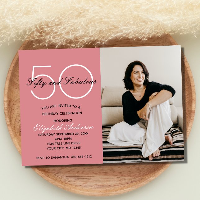 Photo 50 and Fabulous Pink Birthday  Invitation (50th Birthday Party Invitation for her in Pink with Photo)