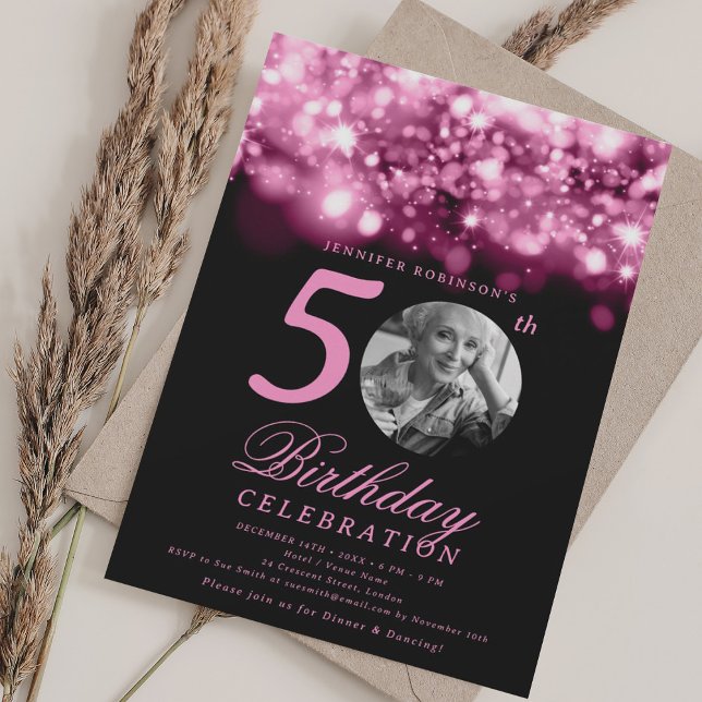 Photo 50th Birthday Blush Pink Midnight Glam  Invitation (Photo 50th Birthday Blush Pink Midnight Glam Invitation)