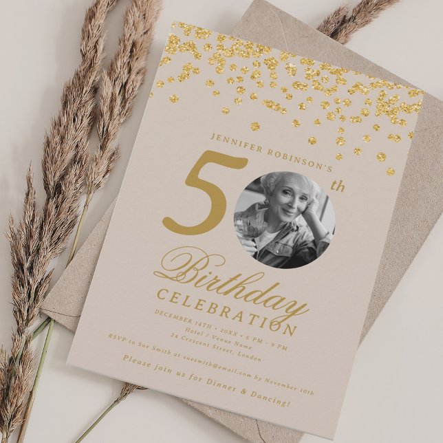 Photo 50th Birthday Gold Confetti Champagne Invitation (Photo 50th Birthday Gold Confetti Champagne Invitation)