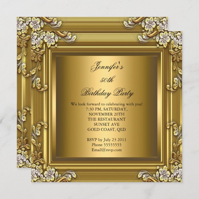 Photo 50th Birthday Party Elegant Gold Black Invitation (Front/Back)