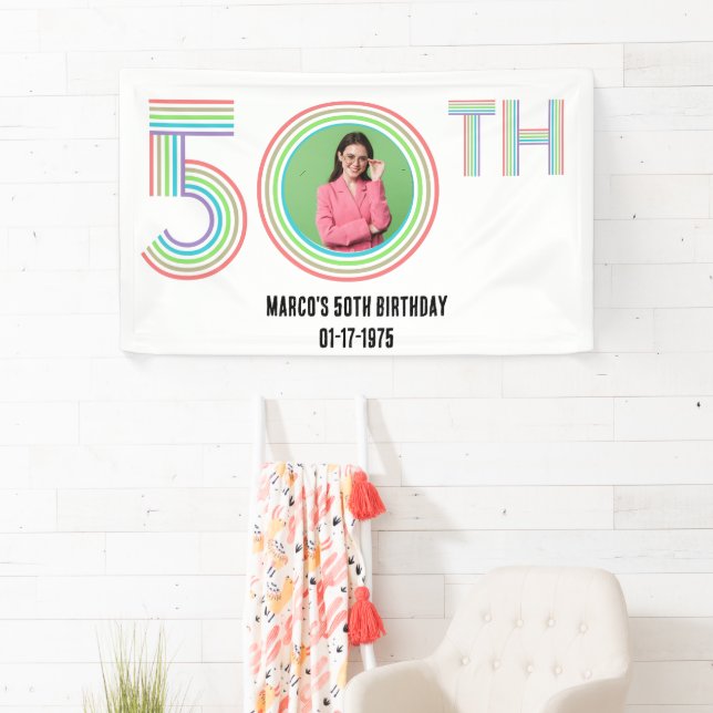 Photo 50th Birthday Retro Vintage Rainbow Numeral Banner (Insitu)