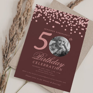 Photo 50th Birthday Rose Gold Confetti Burgundy Invitation