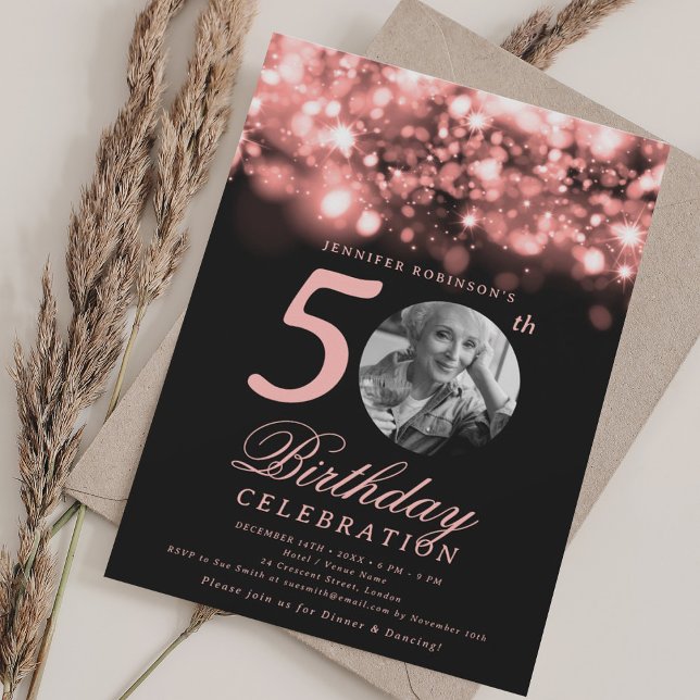 Photo 50th Birthday Rose Gold Midnight Glam  Invitation (Photo 50th Birthday Rose Gold Midnight Glam Invitation)