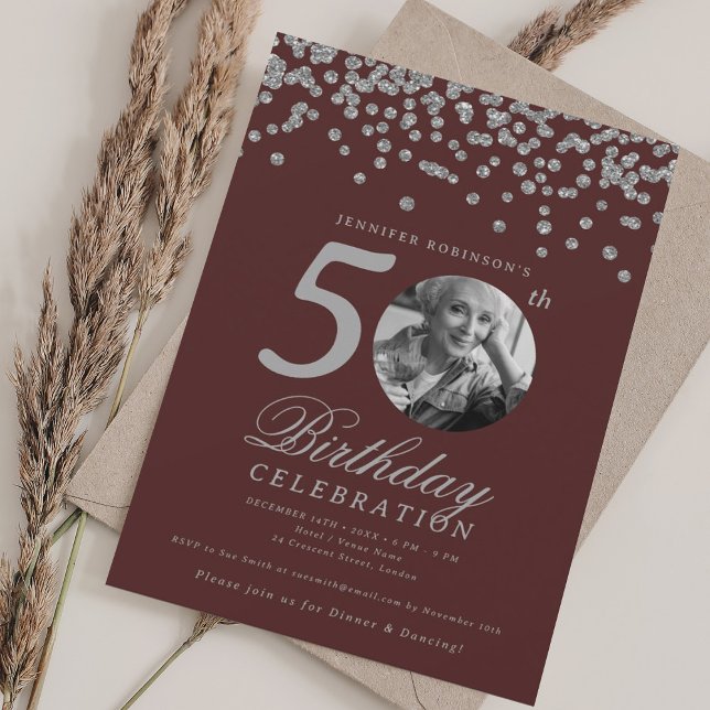 Photo 50th Birthday Silver Confetti Burgundy  Invitation (Creator Uploaded)