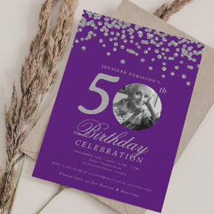 Photo 50th Birthday Silver Confetti Purple  Invitation