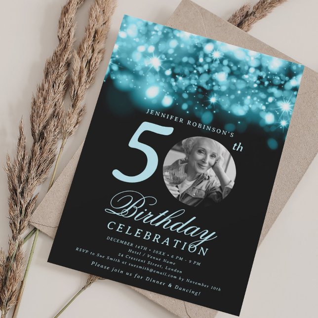 Photo 50th Birthday Turquoise Midnight Glam  Invitation (Creator Uploaded)