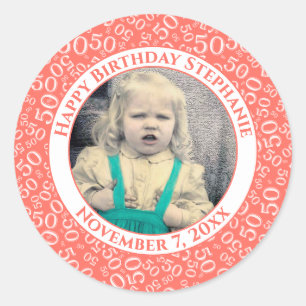 Photo 50th Party Random Number Pattern Coral Classic Round Sticker