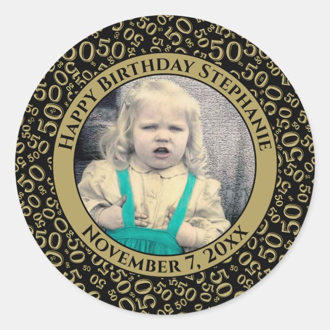Photo 50th Party Random Number Pattern Gold Classic Round Sticker (Front)