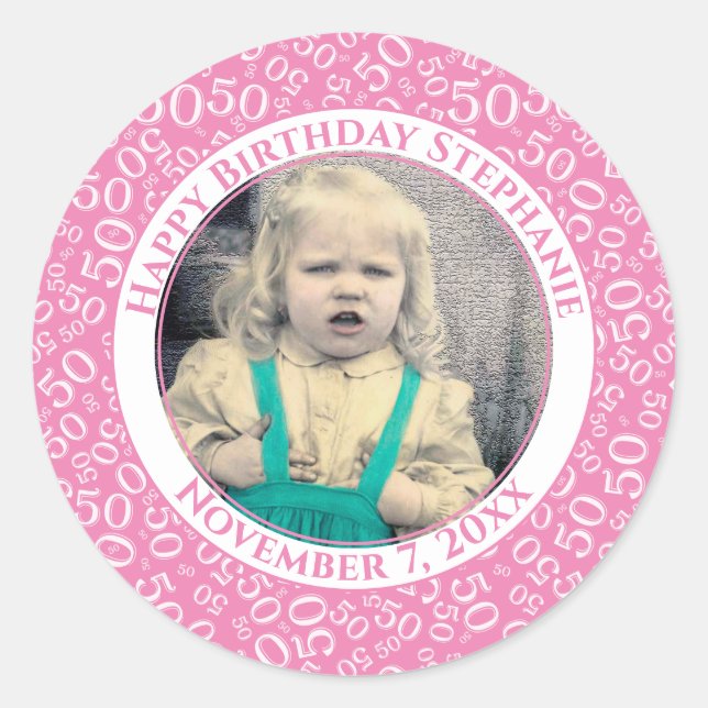 Photo 50th Party Random Number Pattern Pink Classic Round Sticker (Front)