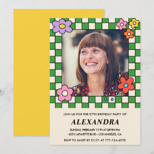 Photo 57th birthday invitation Retro Groovy Floral