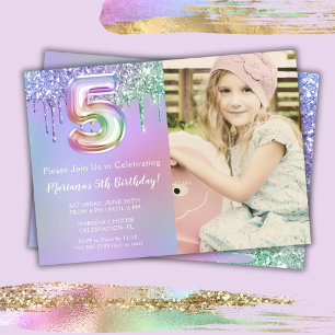 Photo 5th Purple Pink Glitter Birthday Party  Invitation