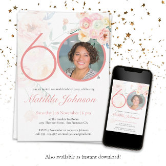Photo 60th Birthday Pink Floral Watercolor Custom Invitation