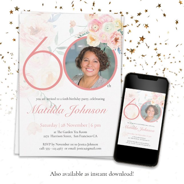 Photo 60th Birthday Pink Floral Watercolor Custom Invitation (Photo 60th Birthday Pink Floral Watercolor Custom Invitation)