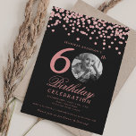 Photo 60th Birthday Rose Gold Confetti Black Invitation<br><div class="desc">An elegant "60th Birthday" party invitation design with personalised photo,  modern typography and glitter confetti background.</div>