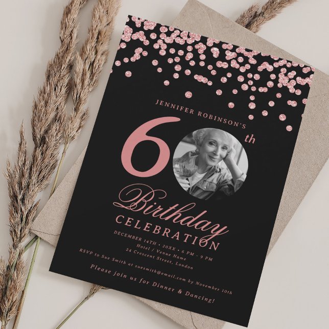 Photo 60th Birthday Rose Gold Confetti Black Invitation (Photo 60th Birthday Rose Gold Confetti Black Invitation)