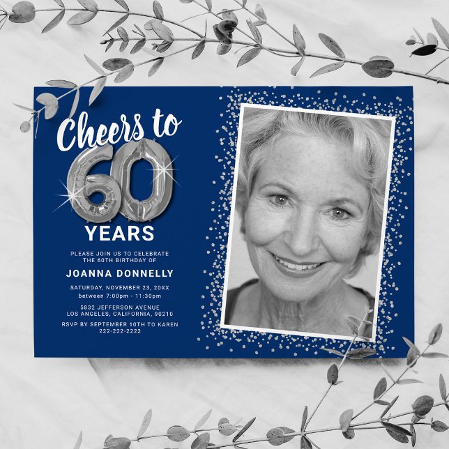 Photo 60th Birthday Silver Balloons Invitation (Creator Uploaded)