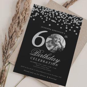 Photo 60th Birthday Silver Confetti Champagne Blac Invitation