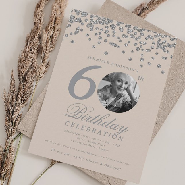 Photo 60th Birthday Silver Confetti Champagne Invitation (Photo 60th Birthday Silver Confetti Champagne Invitation)