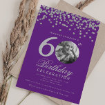 Photo 60th Birthday Silver Confetti Purple Invitation<br><div class="desc">An elegant "60th Birthday" party invitation design with personalised photo,  modern typography and glitter confetti background.</div>