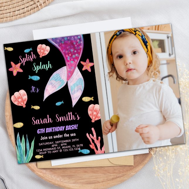 Photo 6th Dark Pink on top mermaid Birthday Invitation (Photo 6th Dark Pink on top mermaid Birthday Invitation)