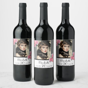 Photo 70th birthday black white stripes floral wine label
