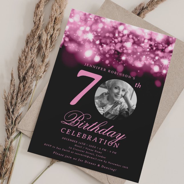 Photo 70th Birthday Hot Pink Midnight Glam  Invitation (Photo 70th Birthday Hot Pink Midnight Glam Invitation)