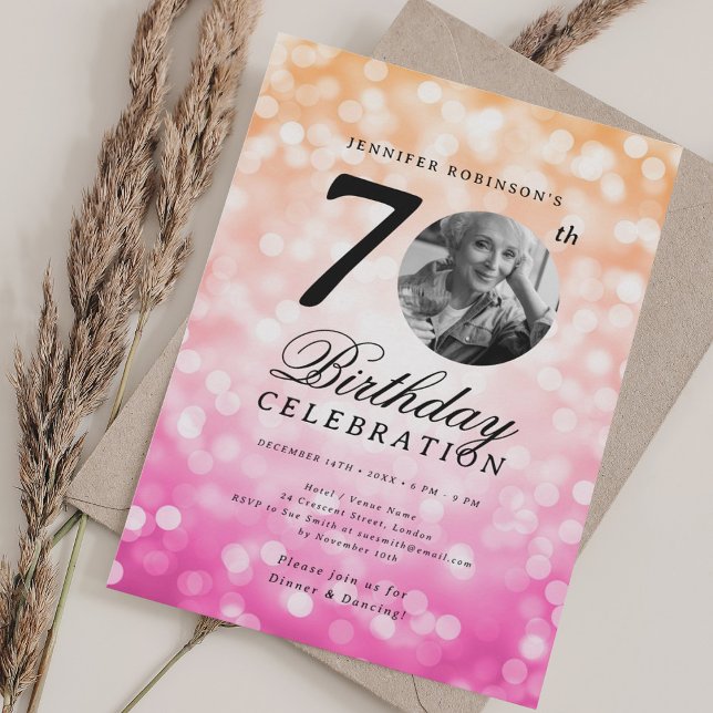 Photo 70th Birthday Orange Pink Ombre Bokeh Invitation (Photo 70th Birthday Orange Pink Ombre Bokeh Invitation)