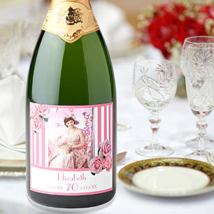 Photo 70th birthday pink white stripes floral sparkling wine label